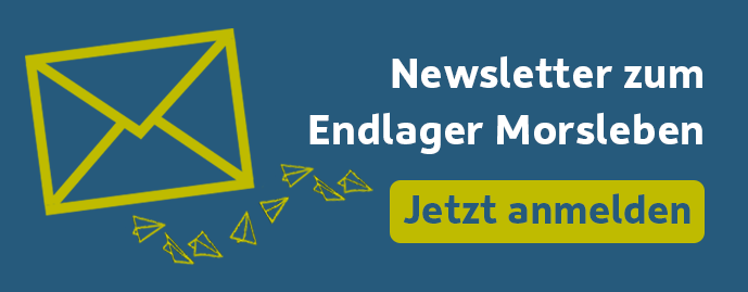 Blaues, klickbares Feld mit grünen Symbolen, das zur Anmeldung zum Newsletter Endlager Morsleben verlinkt.