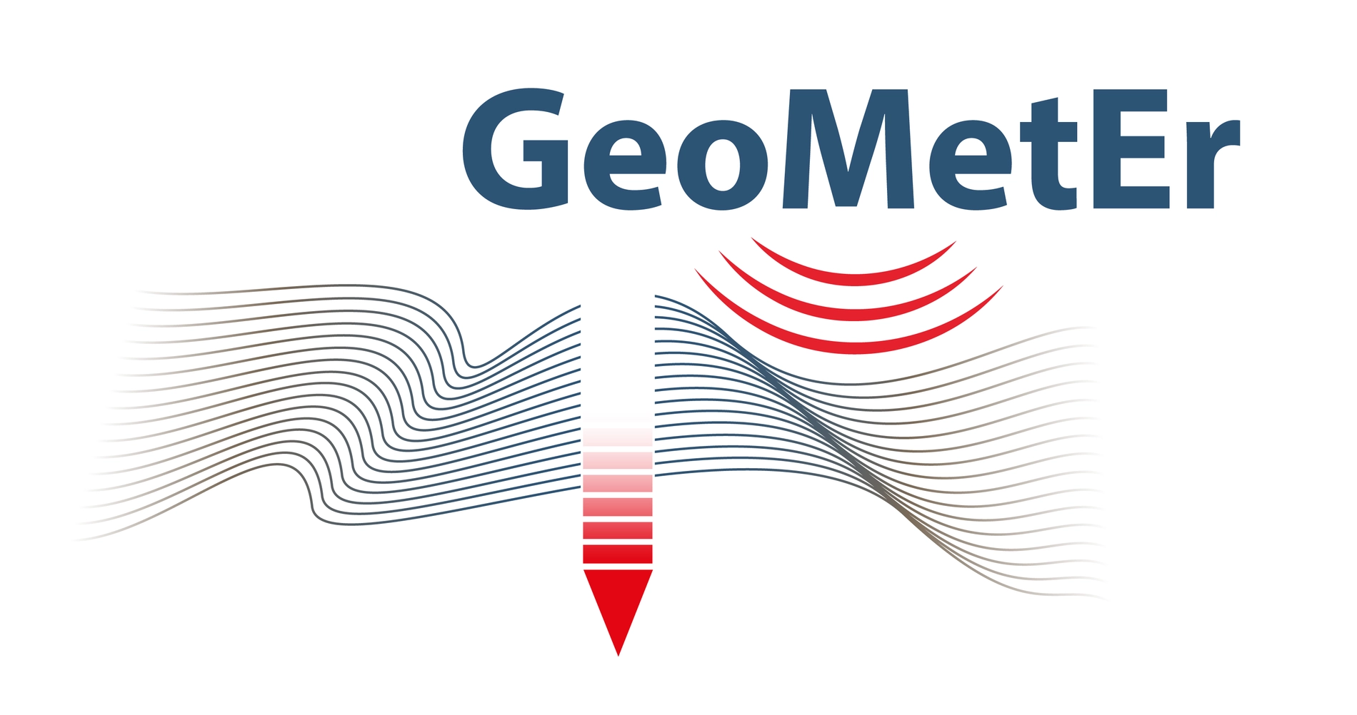 Logo zum Forschungsprojekt: Wellenförmige Linien sowie ein Pfeil, der nach unten zeigt. Darüber steht: Geometer