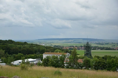 Rechts im Bild ist der Förderturm der Schachtanlage Asse II zu sehen. Im Vordergrund sind Büsche und im Hintergrund weitere Gebäude der Schachtanlage zu sehen. 