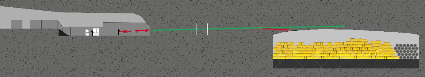 In einer schematischen Grafik führt eine grüne Linie von einem grauen Gehäuse über eine Kammer. In der Kammer liegen gelbe und graue Fässer. Von der grünen Linie führt eine rote Linie in die Kammer mit den Fässern. 