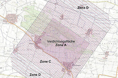 3D-Seismik: Grafische Darstellung des Messnetzes im Gelände um die Schachtanlage Asse herum.