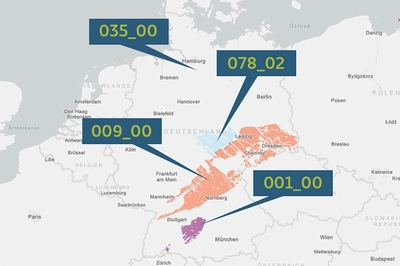 Map of Germany with four marked areas