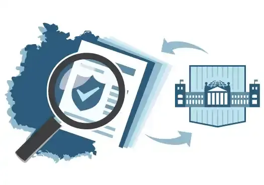 Illustration: Map of Germany with magnifying glass over a document and arrows to and from the Bundestag.