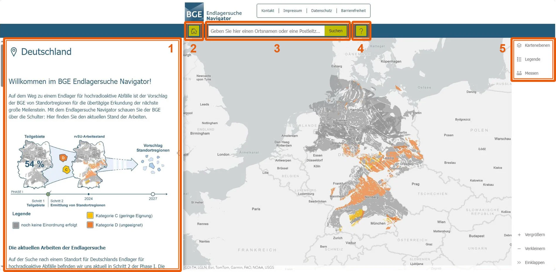 Screenshot der Startseite des Endlagersuche Navigators. Die verschiedenen Bereiche sind mit Zahlen gekennzeichnet. 