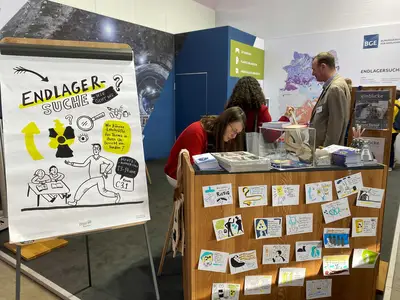 Eine Frau gestaltet am Messestand Postkarten. Im Hintergrund unterhalten sich eine Frau und ein Mann vor einer Deutschlandkarte.