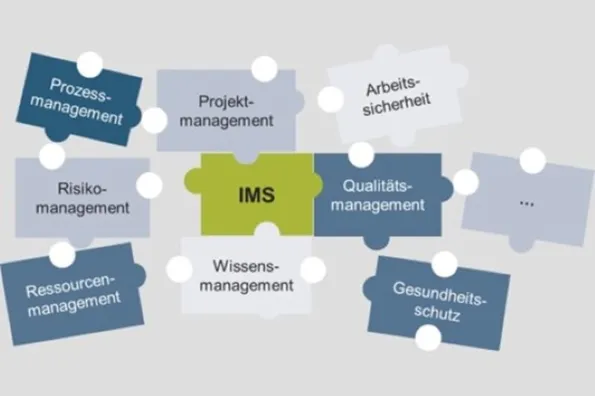 Grafische Darstellung von blauen und grünen Puzzleteilen auf grauem Hintergrund, die teilweise ineinandergreifen. Die Puzzleteile tragen Aufschriften wie „Gesundheitsschutz“ und Projektmanagement. Das zentrale Puzzlestück trägt die Aufschrift „IMS“.