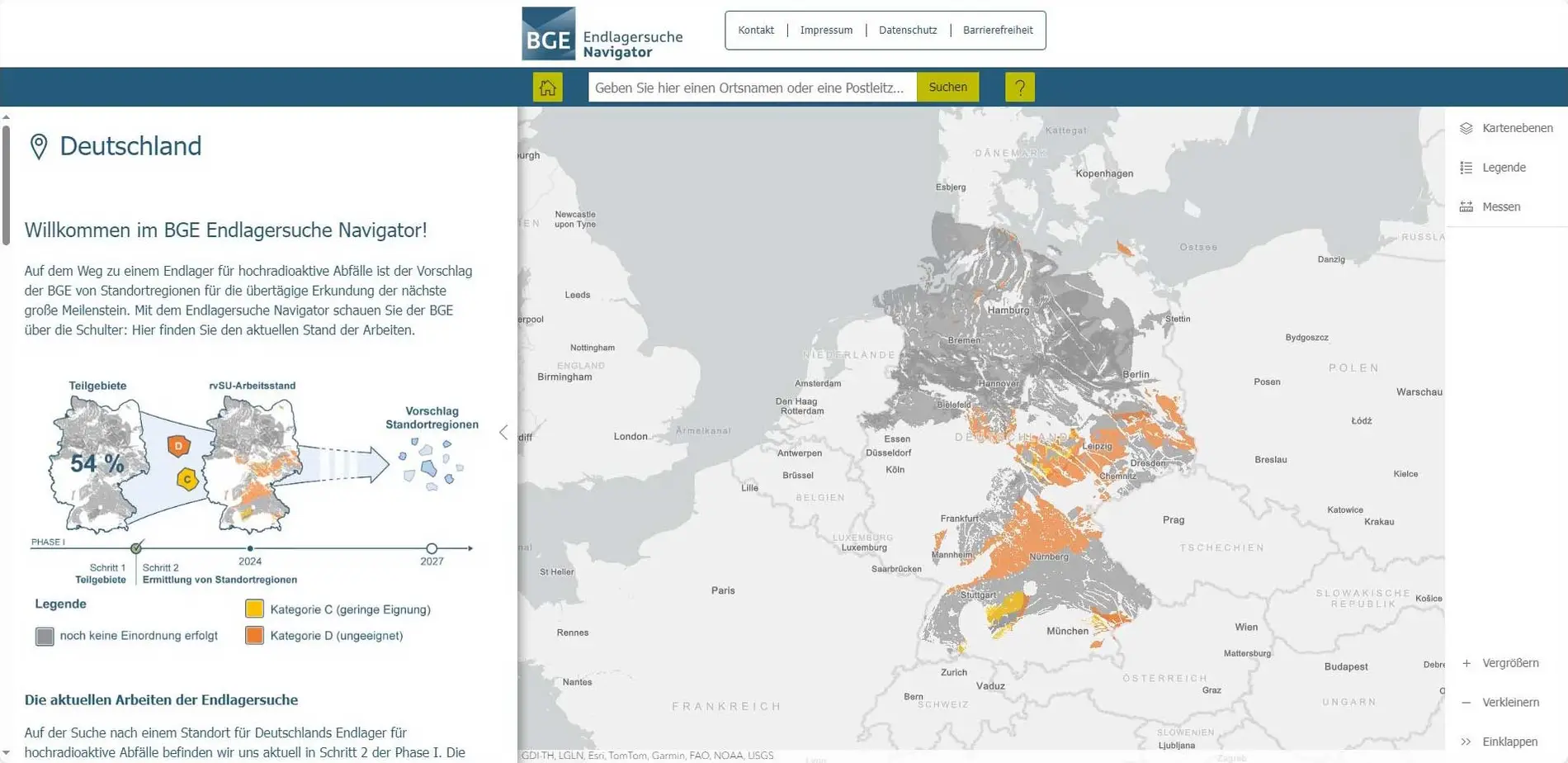 Screenshot der Startseite des Endlagersuche Navigators. Rechts befindet sich die Karte, links das Infopanel.