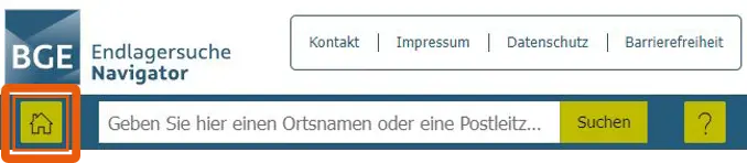 Kopfbereich des Endlagersuche Navigators. Zu sehen sind neben Logo und Navigationsleiste ein Suchfeld sowie ein Fragezeichen-Symbol. Ganz links befindet sich ein Haus-Symbol, das durch eine farbige Umrandung hervorgehoben ist. 