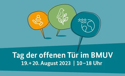 Die Illustration zeigt eine Weltkugel, eine haltende Hand und einen Vogel auf einem Ast, darunter steht "Tag der offenen Tür im BMUV, 18. und 19. August 2023, 10 bis 18 Uhr"