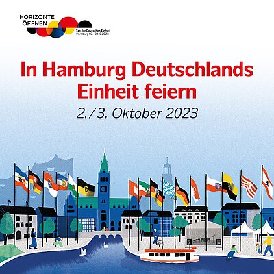 Gezeichnete Skyline Hamburgs mit davor aufgereihten Flaggen der Bundesländer. Darüber steht: In Hamburg Deutschlands Einheit feiern. 