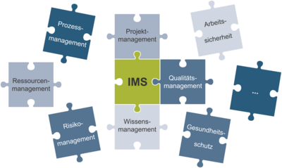 Grafische Darstellung von blauen und grünen Puzzleteilen auf grauem Hintergrund, die teilweise ineinandergreifen. Die Puzzleteile tragen Aufschriften wie „Gesundheitsschutz“ und Projektmanagement. Das zentrale Puzzlestück trägt die Aufschrift „IMS“.