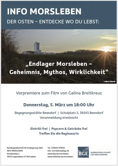 Das Plakat zur Filmaufführung "Endlager Morsleben – Geheimnis, Mythos, Wirklichkeit"