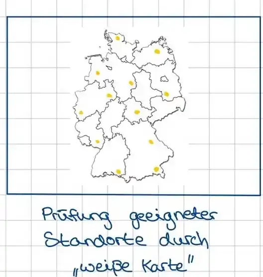 Eine Deutschlandkarte mit eingezeichneten Bundesländergrenzen und markierten gelben Punkten. Darunter steht in Handschrift: "Prüfung geeigneter Standorte durch "weiße Karte""