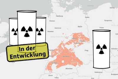 Deutschlandkarte mit markierten Teilgebieten, in denen Kristallingestein vorhanden ist. Links und rechts der Gebiete sind stilisierte Behälter für radioaktive Abfälle eingezeichnet mit dem Hinweis, dass sich diese derzeit „in der Entwicklung“ befinden.