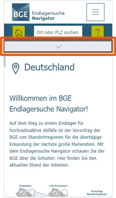 Screenshot von einem mobilen Endgerät: Das Infopanel des Endlagersuche Navigators ist ausgeklappt. Der Pfeil zum Einklappen ist farbig hervorgehoben.