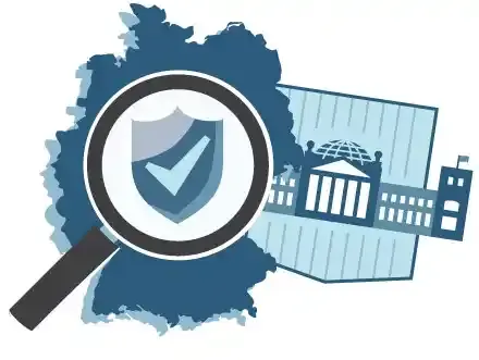 Graphic of a magnifying glass over map of Germany. To the right of it is the Bundestag building