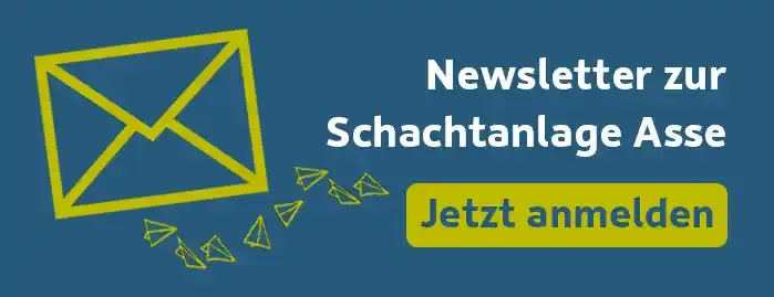 Blaues, klickbares Feld mit grünen Symbolen, das zur Anmeldung zur Schachtanlage Asse verlinkt.