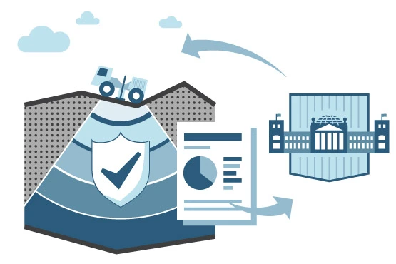 Illustration: Messfahrzeug über Gesteinsschichten sowie ein Bericht und Pfeile zu und vom Bundestag