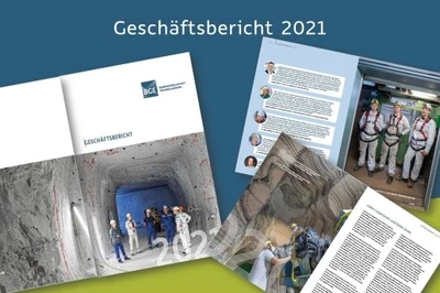 Collage von mehreren überlappenden Seiten aus dem BGE-Geschäftsbericht 2021, die unter anderem Fotos von unter Tage und Bergleute in Arbeitskleidung zeigen.