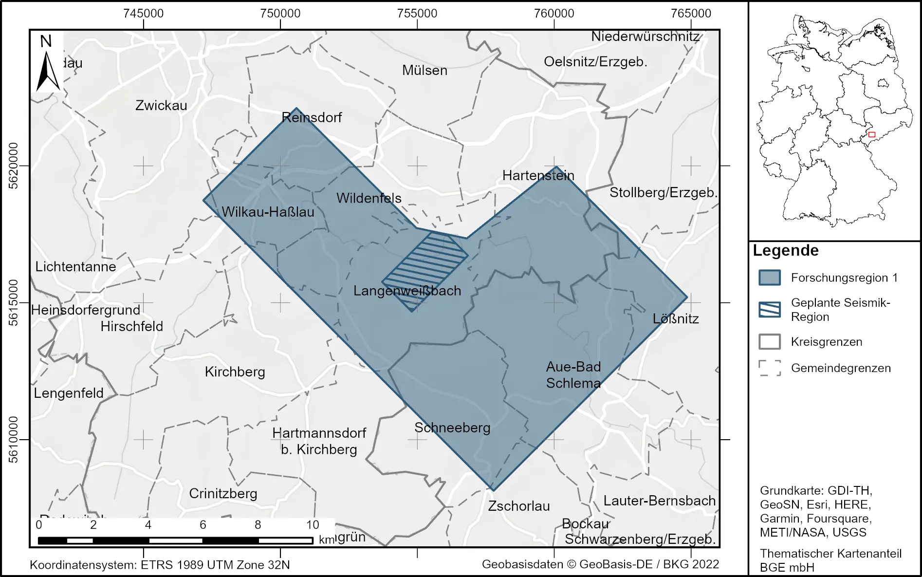 Die Karte zeigt die Region um Langenweißbach, eingezeichnet und in farblich markiert sind die Forschungsregion und die Seismikregion. 