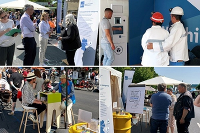 Collage aus mehreren Bildern, welche interessierte Besucher am Messestand zeigen, die sich die Themen der BGE näherbringen lassen.