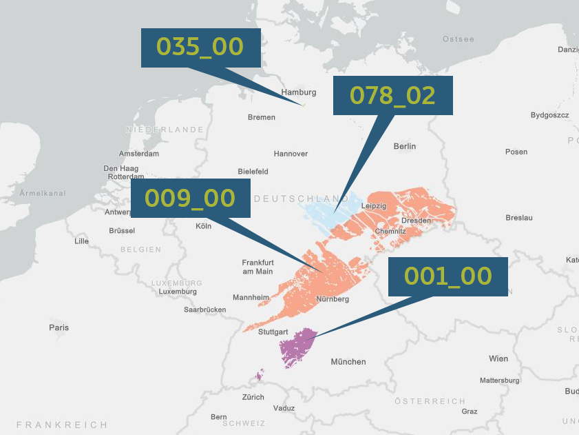 Deutschlandkarte, in der vier Gebiete zur Methodenentwicklung markiert sind.