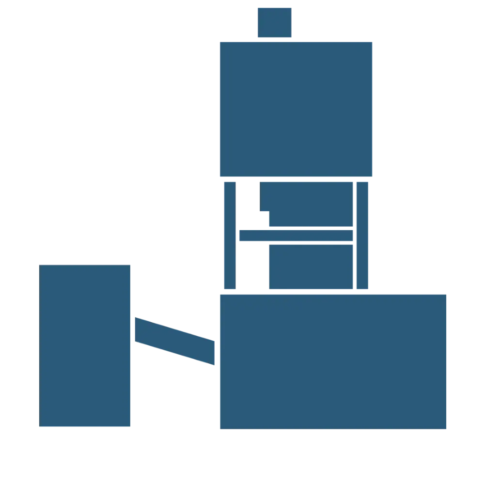 Grafisches, blaues Symbol, welches den Förderturm des Bergwerks Gorleben in schematisierter Form darstellt.