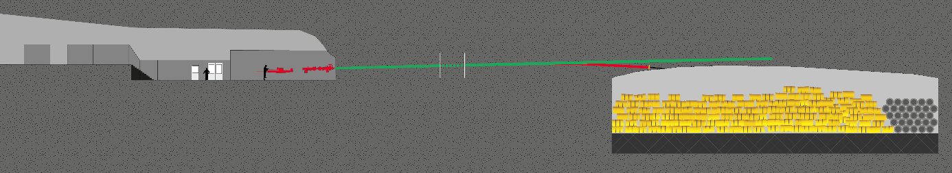 In einer schematischen Grafik führt eine grüne Linie von einem grauen Gehäuse über eine Kammer. In der Kammer liegen gelbe und graue Fässer. Von der grünen Linie führt eine rote Linie in die Kammer mit den Fässern. 